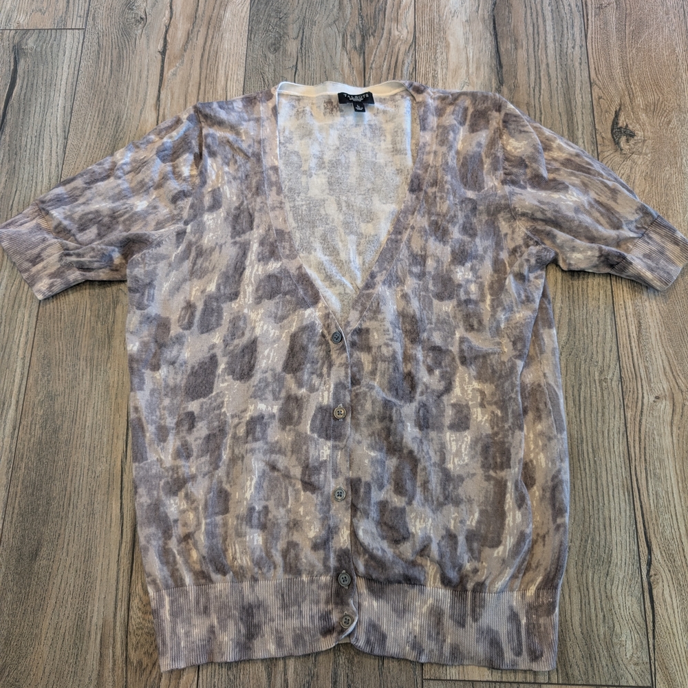 TALBOTS Short Sleeve Cardigan Sweater Lightweight Patterned Taupe and Gray LP - Picture 4 of 7